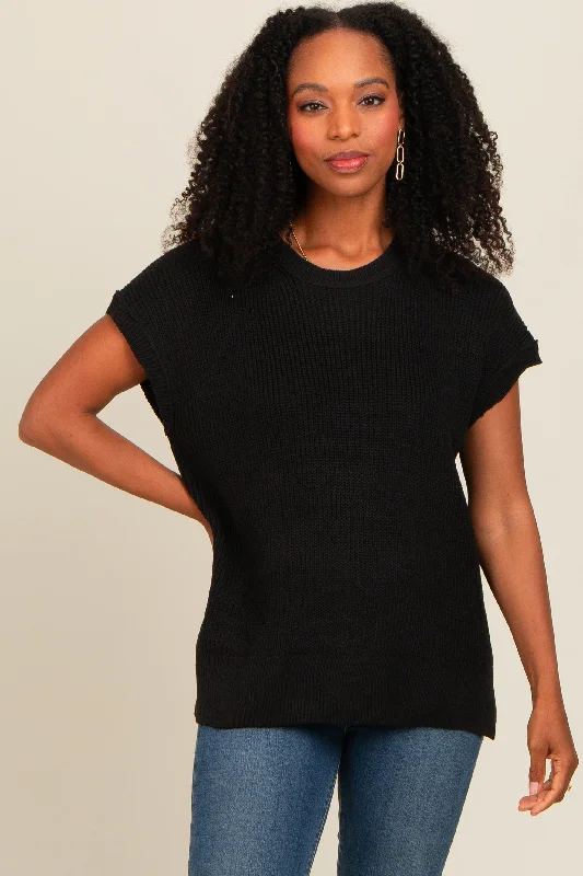 Black Dolman Short Sleeve Side Slit Sweater Top